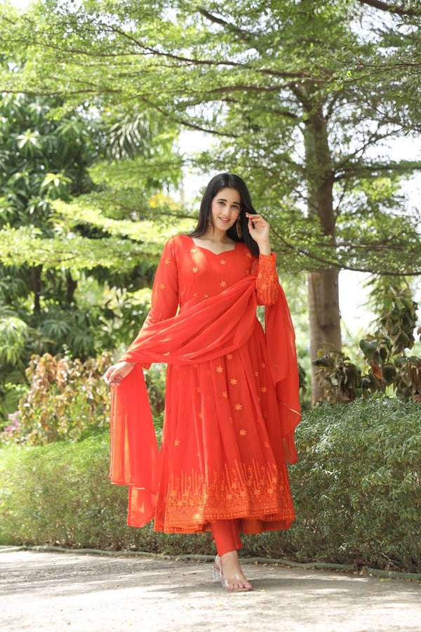 Avantini Women's Orange Georgette Digital Print Anarkali Kurta Pant With Dupatta - Distacart