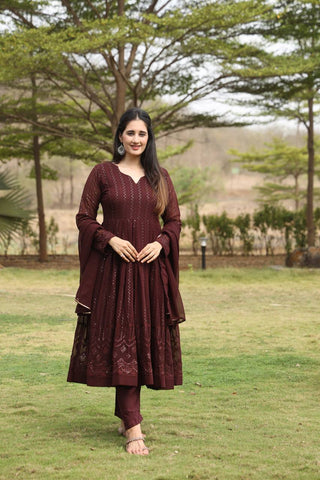 Avantini Women's Wine Georgette Embroidered Anarkali Kurta Pant With Dupatta - Distacart