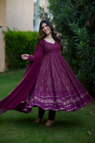 Avantini Women's Wine Faux Georgette Embroidered Anarkali Kurta Pant With Dupatta - Distacart