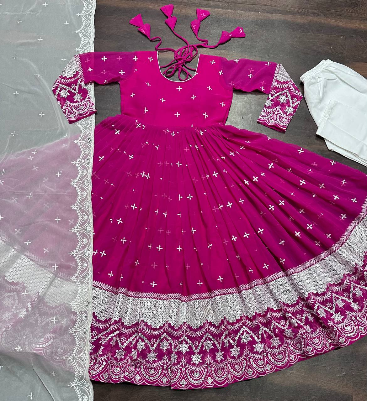 Avantini Women's Pink Faux Georgette Embroidered Anarkali Kurta Pant With Dupatta