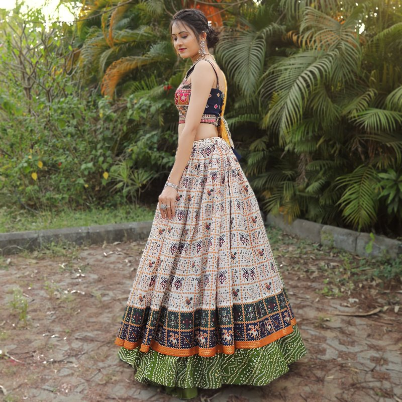 Malishka Export Bandhej Patola Foil Print Lahenga Choli Set - White-Mehendi - Distacart