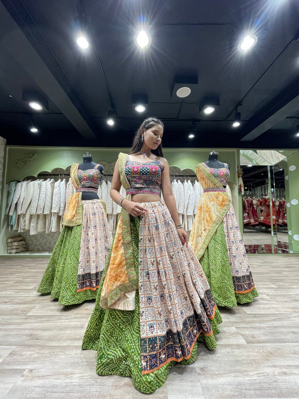 Malishka Export Bandhej Patola Foil Print Lahenga Choli Set - White-Mehendi - Distacart