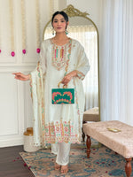 Thumbnail for Avantini Women's White Viscose Chanderi Embroidered Straight Kurta Pant With Dupatta - Distacart