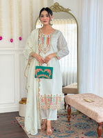 Thumbnail for Avantini Women's White Viscose Chanderi Embroidered Straight Kurta Pant With Dupatta - Distacart