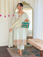 Thumbnail for Avantini Women's White Viscose Chanderi Embroidered Straight Kurta Pant With Dupatta - Distacart