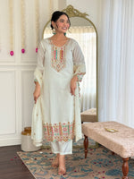 Thumbnail for Avantini Women's White Viscose Chanderi Embroidered Straight Kurta Pant With Dupatta - Distacart