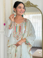 Thumbnail for Avantini Women's White Viscose Chanderi Embroidered Straight Kurta Pant With Dupatta - Distacart