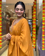 Thumbnail for Malishka Women Viscose Chanderi Kurta With Pant And heavy Embroidery Dupatta Set - Orange - Distacart