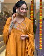 Thumbnail for Malishka Women Viscose Chanderi Kurta With Pant And heavy Embroidery Dupatta Set - Orange - Distacart