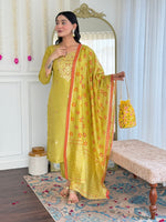 Thumbnail for Avantini Women's Yellow Viscose Chanderi Embroidered Straight Kurta Pant With Dupatta - Distacart