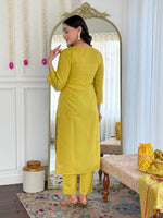 Thumbnail for Avantini Women's Yellow Viscose Chanderi Embroidered Straight Kurta Pant With Dupatta - Distacart