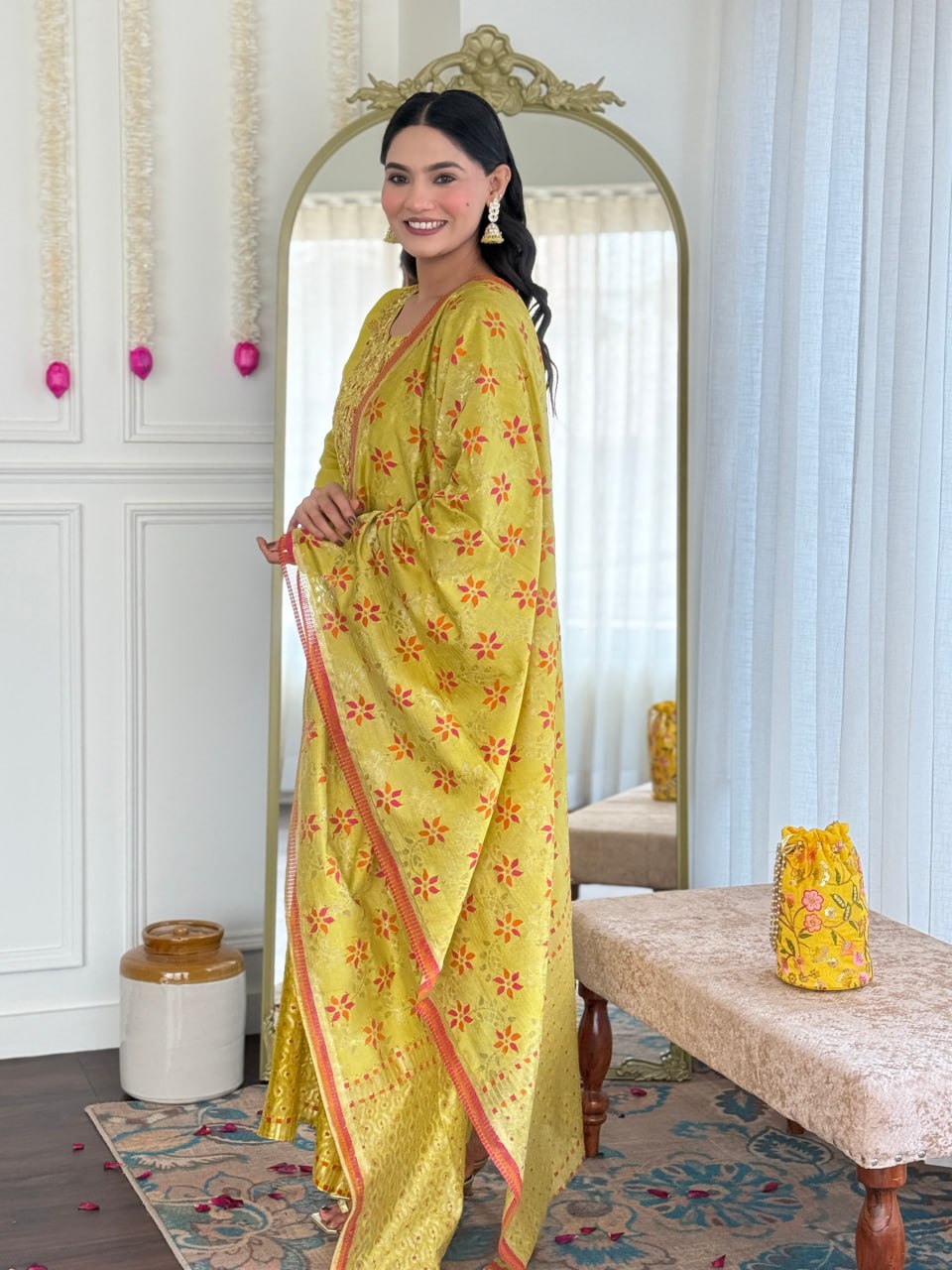 Avantini Women's Yellow Viscose Chanderi Embroidered Straight Kurta Pant With Dupatta - Distacart