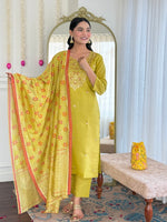 Thumbnail for Avantini Women's Yellow Viscose Chanderi Embroidered Straight Kurta Pant With Dupatta - Distacart
