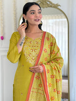 Thumbnail for Avantini Women's Yellow Viscose Chanderi Embroidered Straight Kurta Pant With Dupatta - Distacart