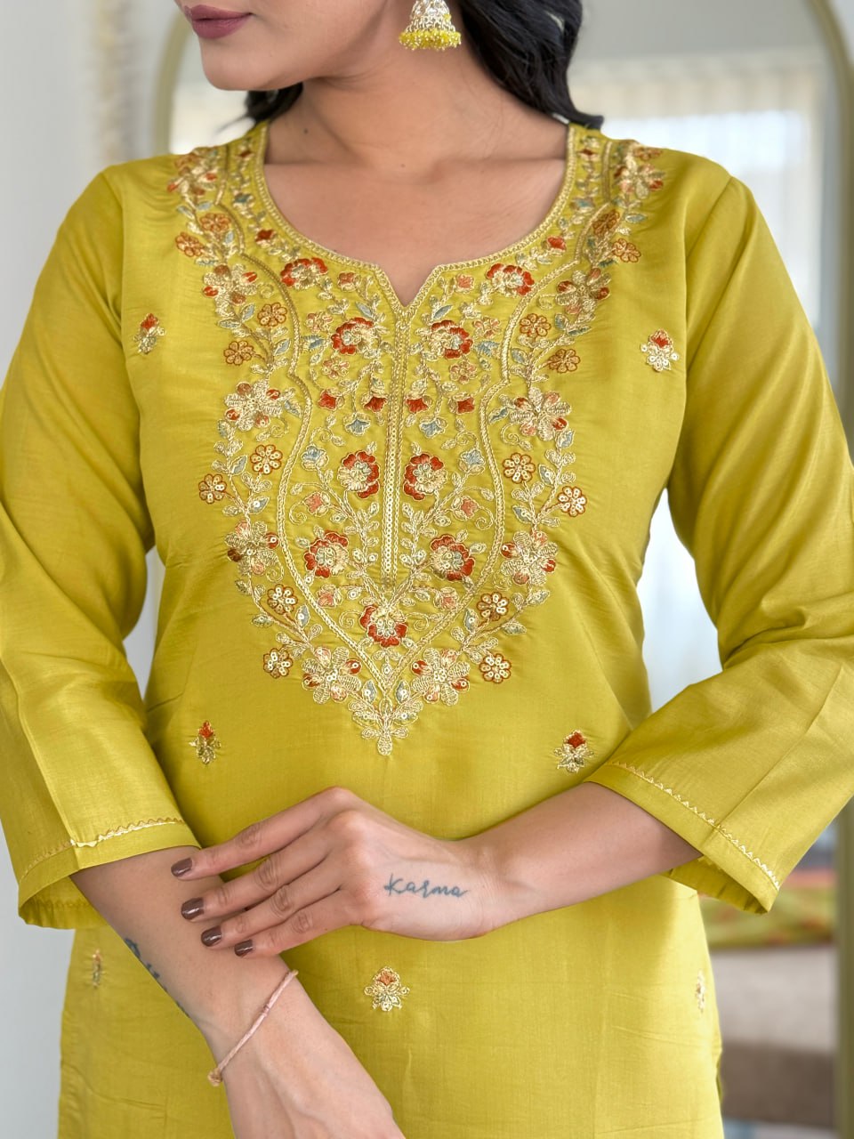 Avantini Women's Yellow Viscose Chanderi Embroidered Straight Kurta Pant With Dupatta - Distacart