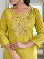Thumbnail for Avantini Women's Yellow Viscose Chanderi Embroidered Straight Kurta Pant With Dupatta - Distacart