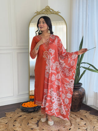 Avantini Women's Orange Viscose Rayon Embroidered Straight Kurta Pant With Dupatta - Distacart