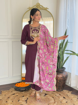 Avantini Women's Wine Viscose Rayon Embroidered Straight Kurta Pant With Dupatta - Distacart
