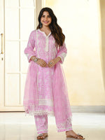 Thumbnail for Malishka Women's Pink Cotton Embroidered and Printed Straight Kurta with Cotton Pant And Linen Cotton Laced Dupatta Set - Distacart