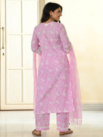Thumbnail for Malishka Women's Pink Cotton Embroidered and Printed Straight Kurta with Cotton Pant And Linen Cotton Laced Dupatta Set - Distacart