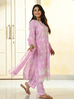 Thumbnail for Malishka Women's Pink Cotton Embroidered and Printed Straight Kurta with Cotton Pant And Linen Cotton Laced Dupatta Set - Distacart