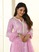 Thumbnail for Malishka Women's Pink Cotton Embroidered and Printed Straight Kurta with Cotton Pant And Linen Cotton Laced Dupatta Set - Distacart