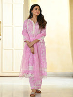 Thumbnail for Malishka Women's Pink Cotton Embroidered and Printed Straight Kurta with Cotton Pant And Linen Cotton Laced Dupatta Set - Distacart