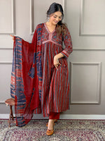 Thumbnail for Malishka Women Embroidered Cotton Kurta Pant Set With Digital Print Dupata - Maroon - Distacart