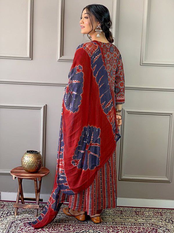Malishka Women Embroidered Cotton Kurta Pant Set With Digital Print Dupata - Maroon - Distacart