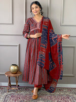 Thumbnail for Malishka Women Embroidered Cotton Kurta Pant Set With Digital Print Dupata - Maroon - Distacart