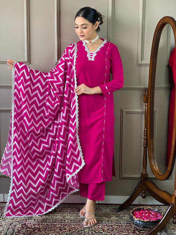 Malishka Women's Viscose Embroidered Straight Kurta with Pant And Silk Printed Dupatta Set - Gajari