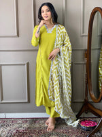 Thumbnail for Malishka Women's Viscose Embroidered Straight Kurta with Pant And Silk Printed Dupatta Set - Lemon