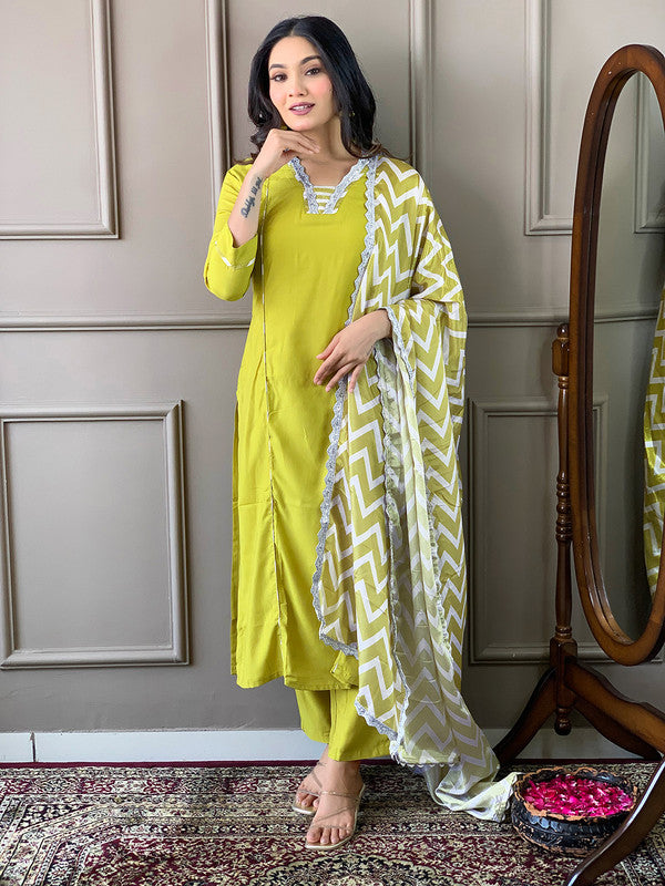 Malishka Women's Viscose Embroidered Straight Kurta with Pant And Silk Printed Dupatta Set - Lemon