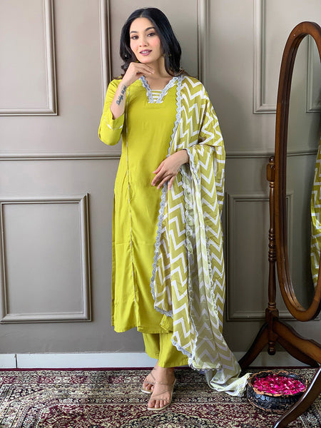 Malishka Women's Viscose Embroidered Straight Kurta with Pant And Silk Printed Dupatta Set - Lemon
