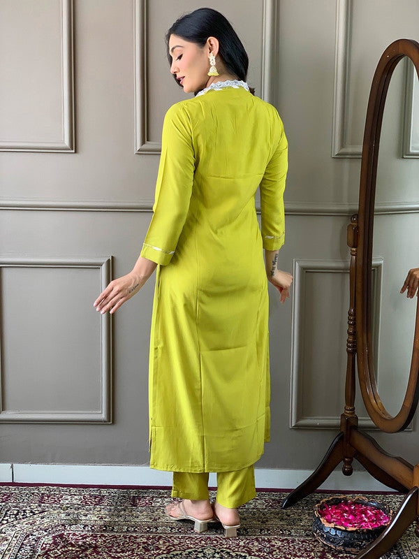 Malishka Women's Viscose Embroidered Straight Kurta with Pant And Silk Printed Dupatta Set - Lemon