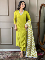 Thumbnail for Malishka Women's Viscose Embroidered Straight Kurta with Pant And Silk Printed Dupatta Set - Lemon