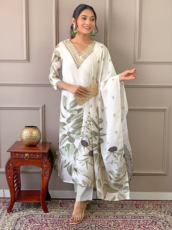 Malishka Women Embroidered French Crepe with Cotton Lining Kurta Pant Set With Dupata - White - Distacart