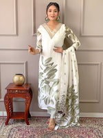 Thumbnail for Malishka Women Embroidered French Crepe with Cotton Lining Kurta Pant Set With Dupata - White - Distacart