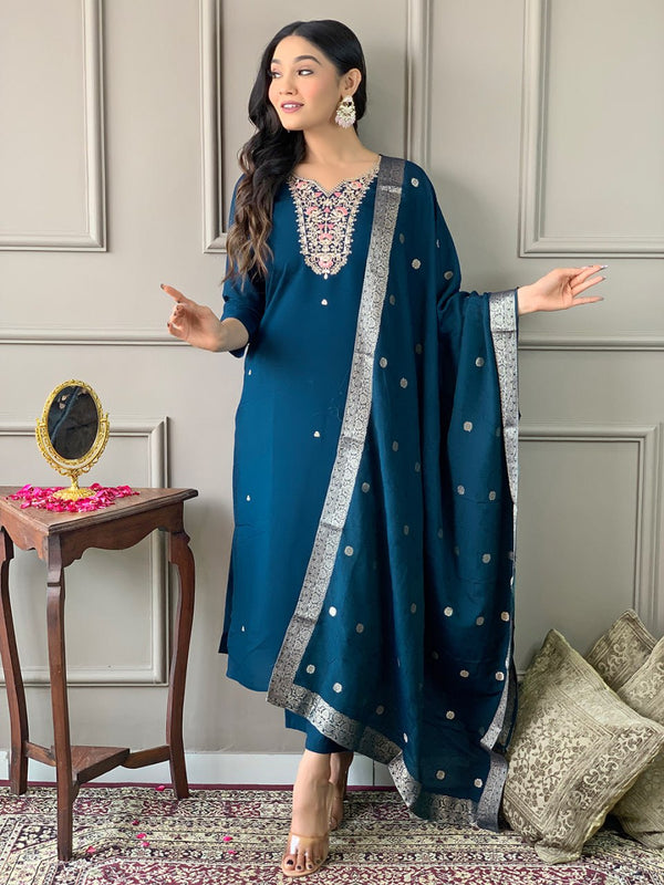 Avantini Women's Teal Viscose Chanderi Embroidered Straight Kurta Pant With Dupatta - Distacart