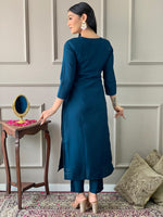Thumbnail for Avantini Women's Teal Viscose Chanderi Embroidered Straight Kurta Pant With Dupatta - Distacart