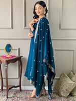 Thumbnail for Avantini Women's Teal Viscose Chanderi Embroidered Straight Kurta Pant With Dupatta - Distacart