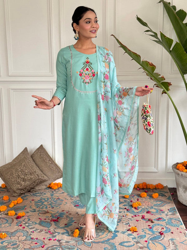 Malishka Women's Firozi Rayon Embroidered Straight Kurta with Rayon Pant And Silk Printed Dupatta Set