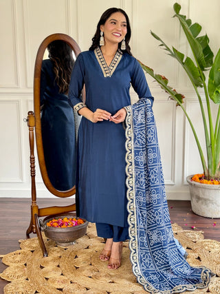 Avantini Women's Blue Viscose Silk Embroidered Straight Kurta Pant With Dupatta - Distacart