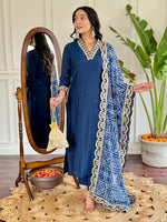 Thumbnail for Avantini Women's Blue Viscose Silk Embroidered Straight Kurta Pant With Dupatta - Distacart