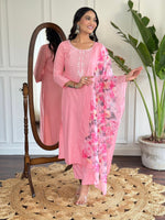Thumbnail for Malishka Women's Pink Rayon Slub Embroidered Straight Kurta with Rayon Slub Pant And Silk Printed Dupatta Set