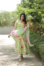Thumbnail for Malishka Women's Pista Muslin Foil Print Anarkali Kurta Pant With Dupatta - Distacart