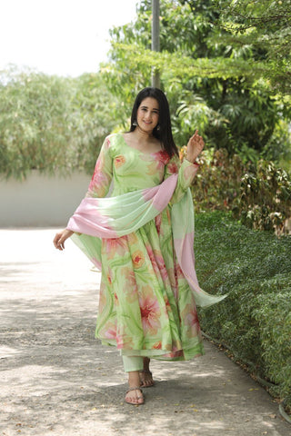Malishka Women's Pista Muslin Foil Print Anarkali Kurta Pant With Dupatta - Distacart