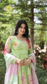 Thumbnail for Malishka Women's Pista Muslin Foil Print Anarkali Kurta Pant With Dupatta - Distacart