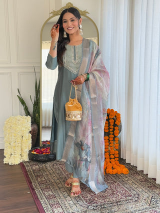 Avantini Women's Grey BSY Viscose Embroidered Straight Kurta Pant With Dupatta - Distacart