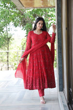 Thumbnail for Malishka Women's Maroon Georgette Embroidered Anarkali Kurta Pant With Dupatta - Distacart